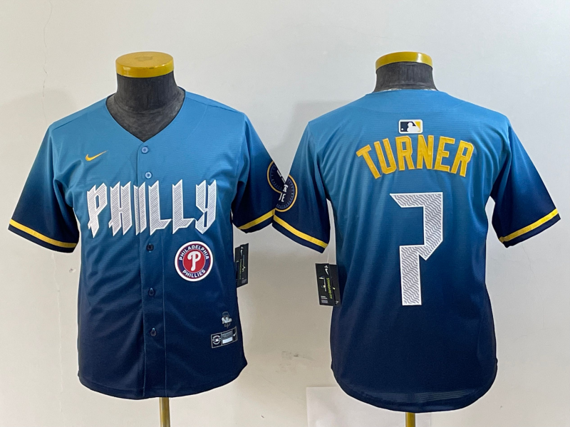 YOUTH Trea Turner Philadelphia Phillies Blue 2024 City Connect Player Jersey
