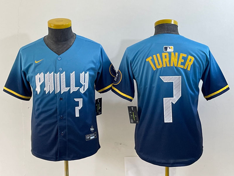 YOUTH Trea Turner Philadelphia Phillies Blue 2024 City Connect Player Jersey