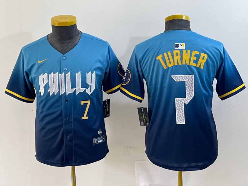YOUTH Trea Turner Philadelphia Phillies Blue 2024 City Connect Player Jersey
