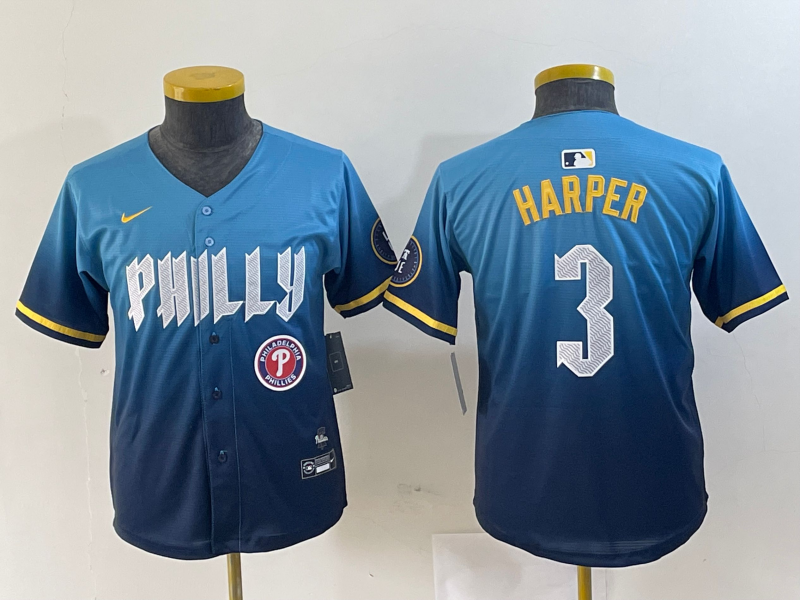YOUTH Bryce Harper Philadelphia Phillies Blue 2024 City Connect Player Jersey