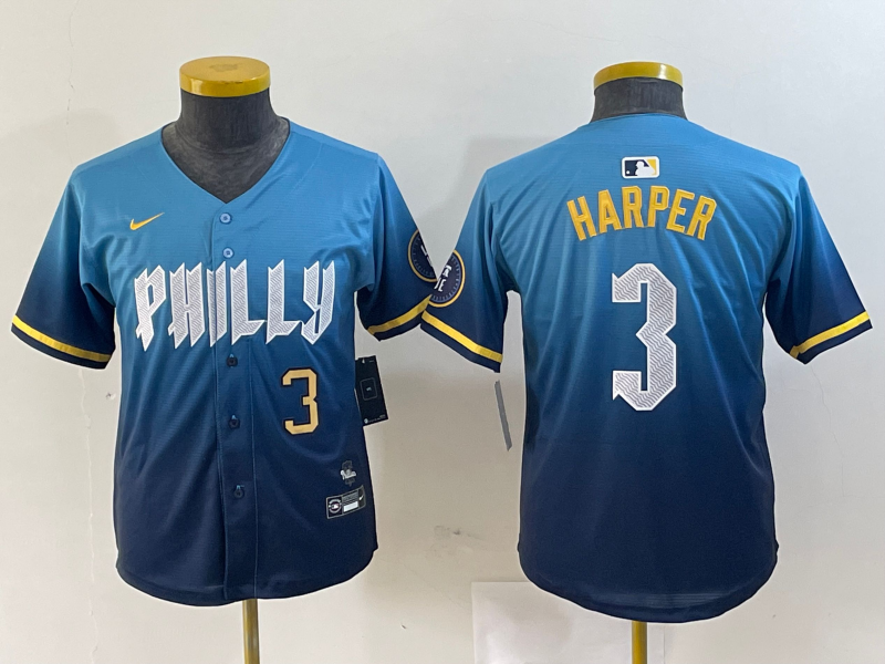 YOUTH Bryce Harper Philadelphia Phillies Blue 2024 City Connect Player Jersey