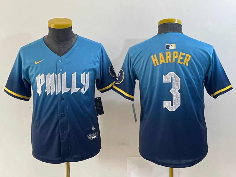 YOUTH Bryce Harper Philadelphia Phillies Blue 2024 City Connect Player Jersey