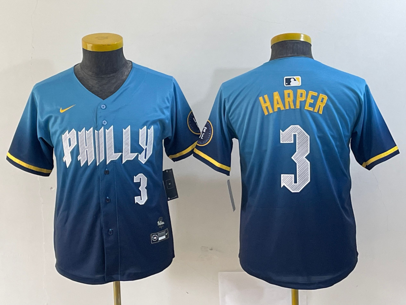 YOUTH Bryce Harper Philadelphia Phillies Blue 2024 City Connect Player Jersey