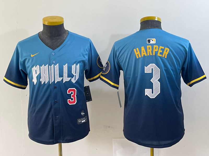 YOUTH Bryce Harper Philadelphia Phillies Blue 2024 City Connect Player Jersey