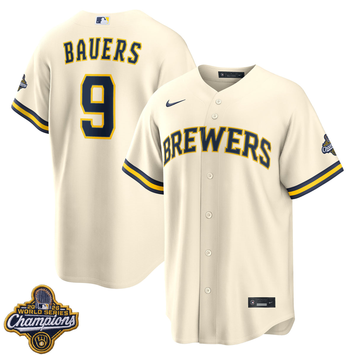 Men's Jake Bauers Milwaukee Brewers 2026 World Series Champions Home Jersey