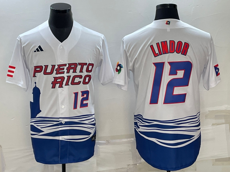 Men's Puerto Rico Baseball 12 Francisco Lindor White 2017 World