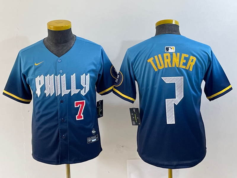YOUTH Trea Turner Philadelphia Phillies  Blue 2024 City Connect Player Jersey