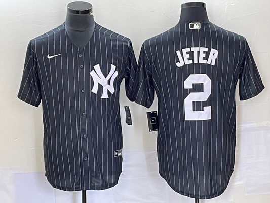 Men's Player Derek Jeter  New York Yankees Black Pinstripes Player Jersey