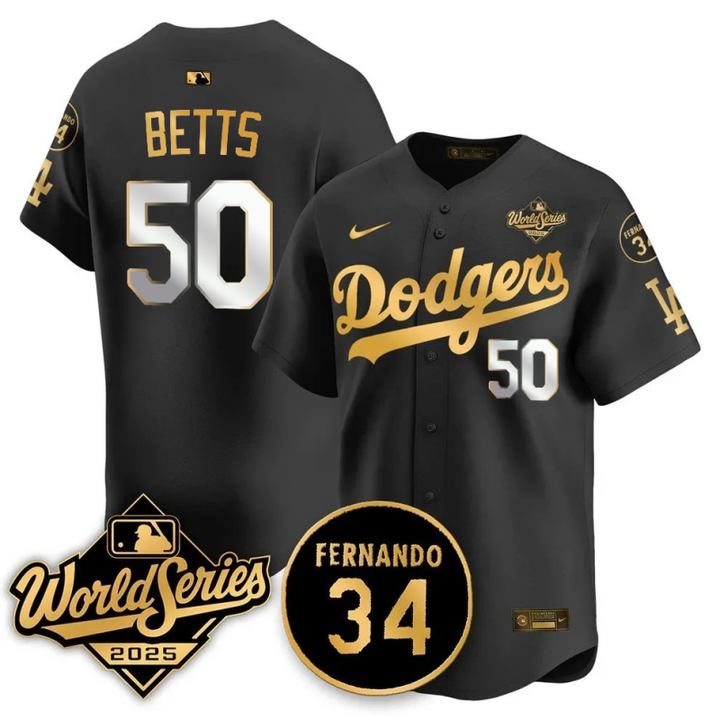 Men's Mookie Betts Los Angeles Dodgers 2025 World Series Champions Black/Gold/White Jersey