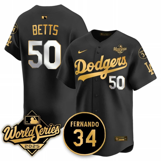 Men's Mookie Betts Los Angeles Dodgers 2025 World Series Champions Black/Gold/White Jersey
