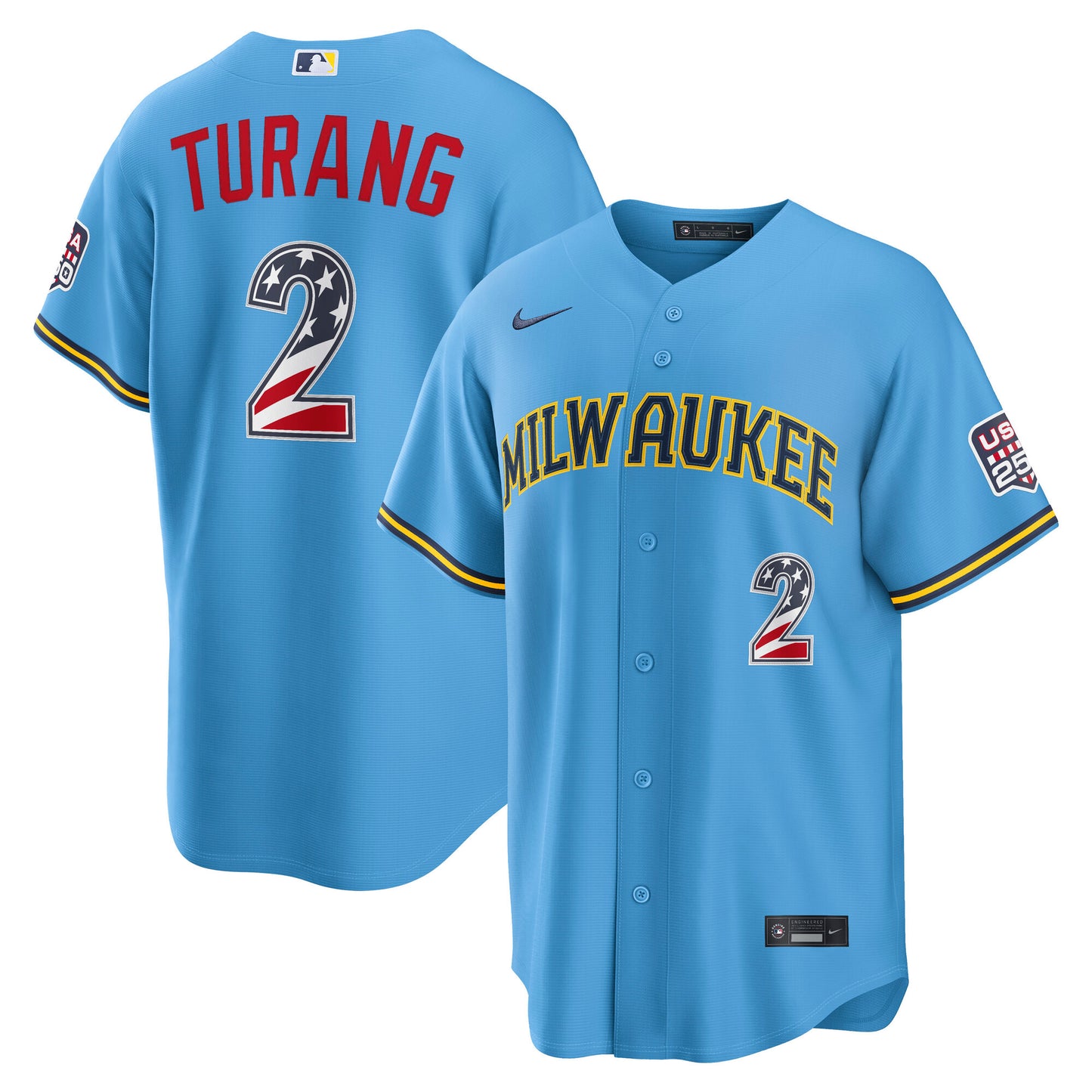 Men's Milwaukee Brewers Brice Turang Light Blue USA 250 Fourth of July Jersey