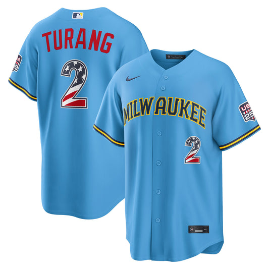 Men's Milwaukee Brewers Brice Turang Light Blue USA 250 Fourth of July Jersey