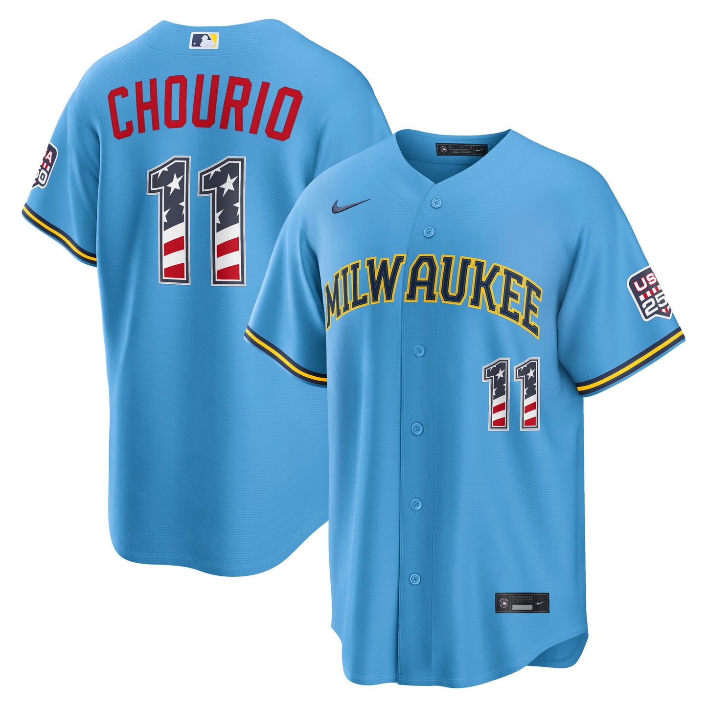Men's Milwaukee Brewers Jackson Chourio Light Blue USA 250 Fourth of July Jersey