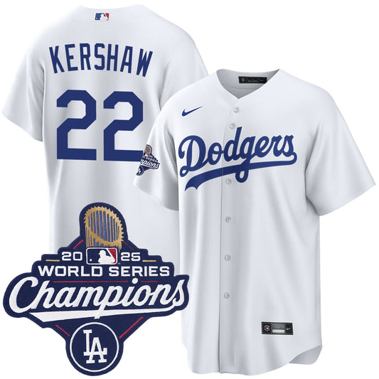 Men's Los Angeles Dodgers Clayton Kershaw White 2025 World Series Champions Home Jersey