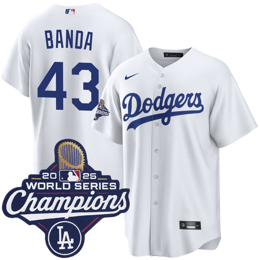 Men's Los Angeles Dodgers Anthony Banda White 2025 World Series Champions Home Jersey