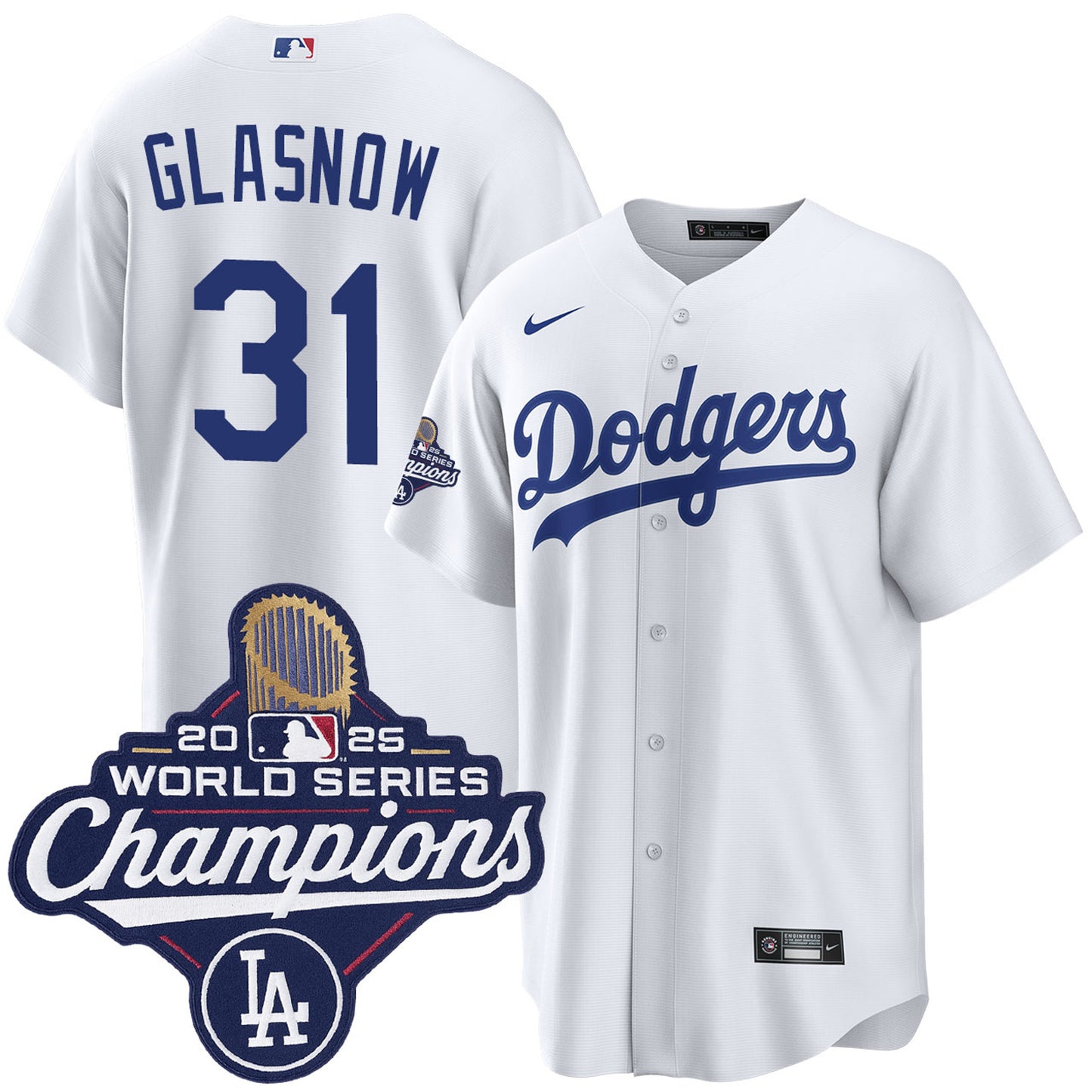 Men's Los Angeles Dodgers Tyler Glasnow White 2025 World Series Champions Home Jersey