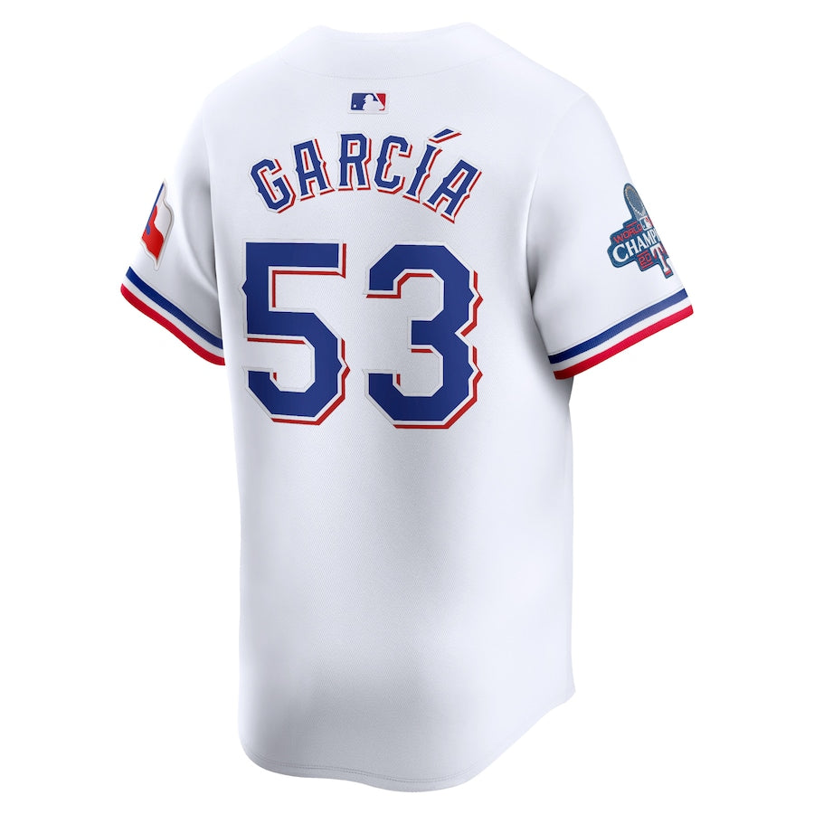 Men's Texas Rangers Adolis García White Home 2023 World Series Champions Jersey