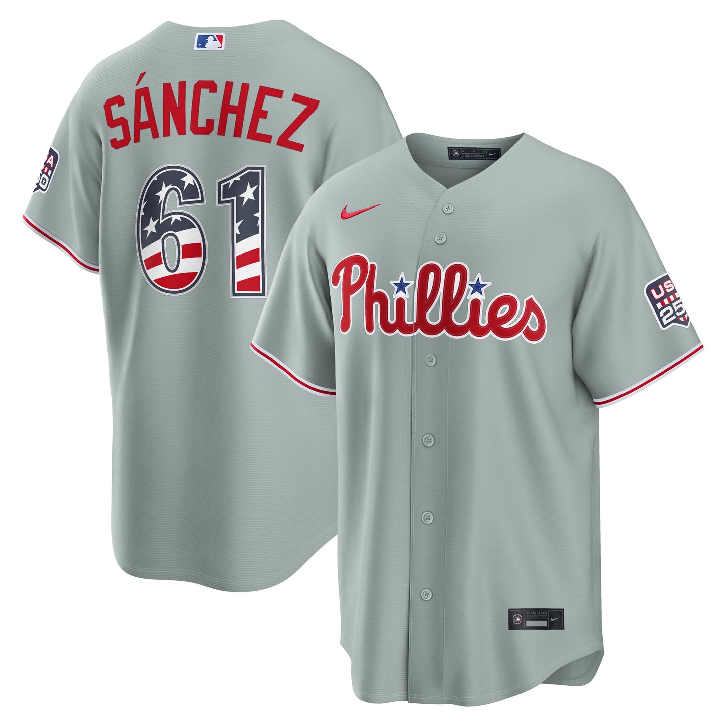 Men's Philadelphia Phillies Cristopher Sanchez Gray USA 250 Fourth of July Jersey