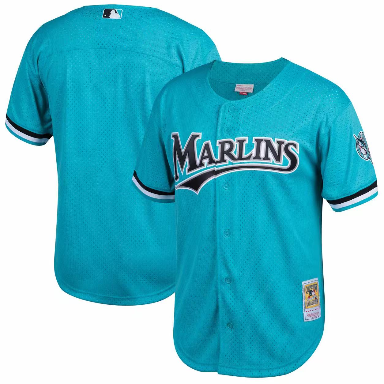 Men's Florida Marlins Mitche&Ness Teal Cooperstown Collection Mesh Batting Practice Button-Up Jersey