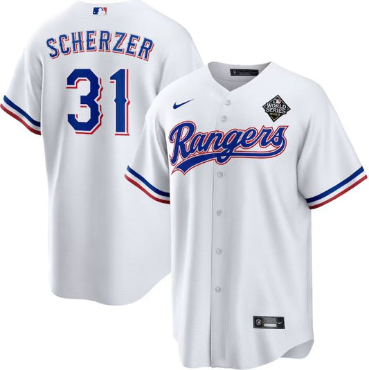Men's Texas Rangers Max Scherzer White 2023 World Series Replica Player Jersey