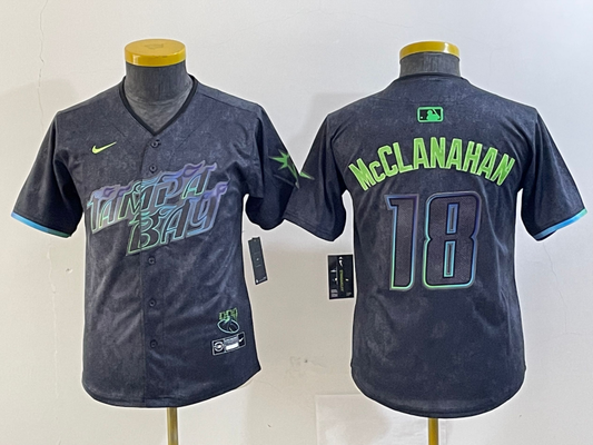 YOUTH Shane McClanahan Tampa Bay Rays  Charcoal 2024 City Connect Player Jersey