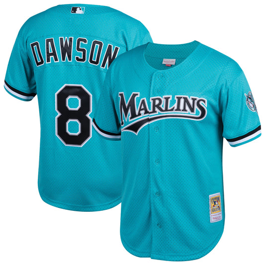 Men's Florida Marlins Andre Dawson Mitche&Ness Teal Cooperstown Collection Mesh Batting Practice Button-Up Jersey