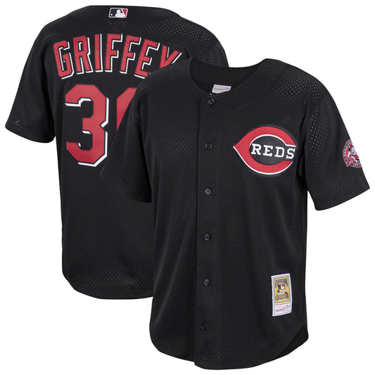 Men's Cincinnati Reds Ken Griffey Jr. Mitche&Ness Black Cooperstown Collection Mesh Batting Practice Button-Up Jersey