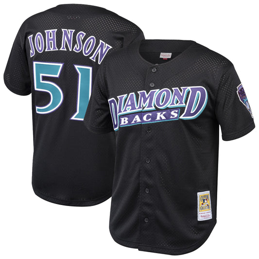 Men's Arizona Diamondbacks Randy Johnson Mitche&Ness Black Cooperstown Collection Mesh Batting Practice Button-Up Jersey