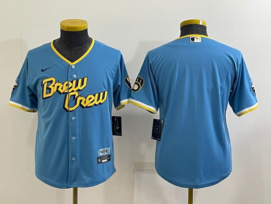Youth Milwaukee Brewers PLAYER_NAME_#00 Custom Powder Blue 2022 City Connect Replica Player Jersey