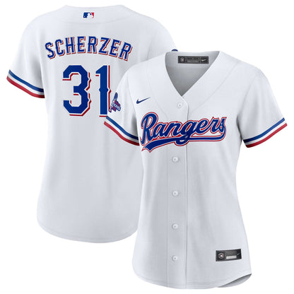 Women's Texas Rangers Max Scherzer White Home 2023 World Series Champions Jersey