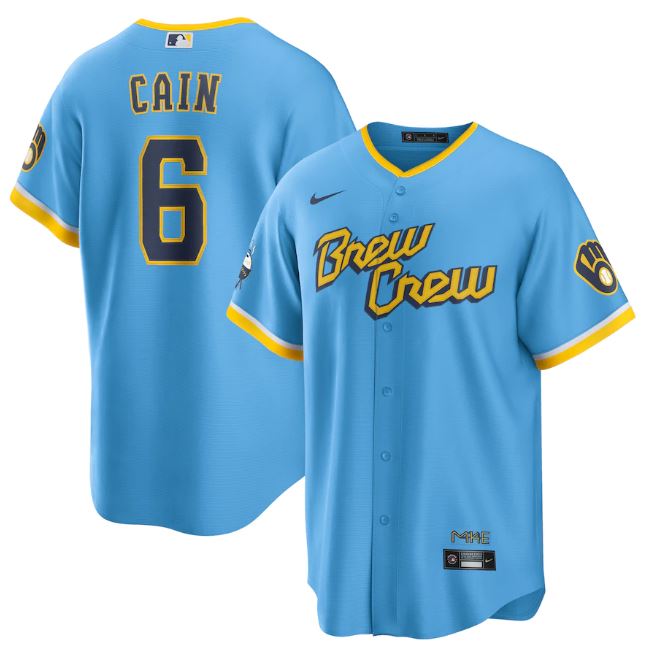 Men's Milwaukee Brewers Lorenzo Cain Powder Blue 2022 City Connect Replica Player Jersey