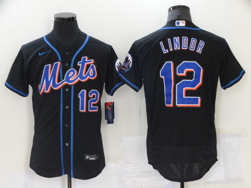 Men's Francisco Lindor #12 New York Mets Player Black Jersey -Flex Base