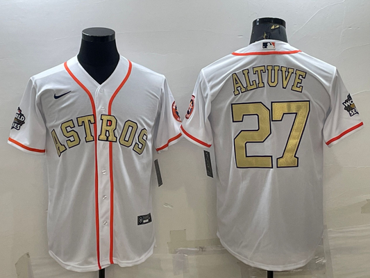 Men's Houston Astros Jose Altuve #27 World Series Player Jersey -White/Gold
